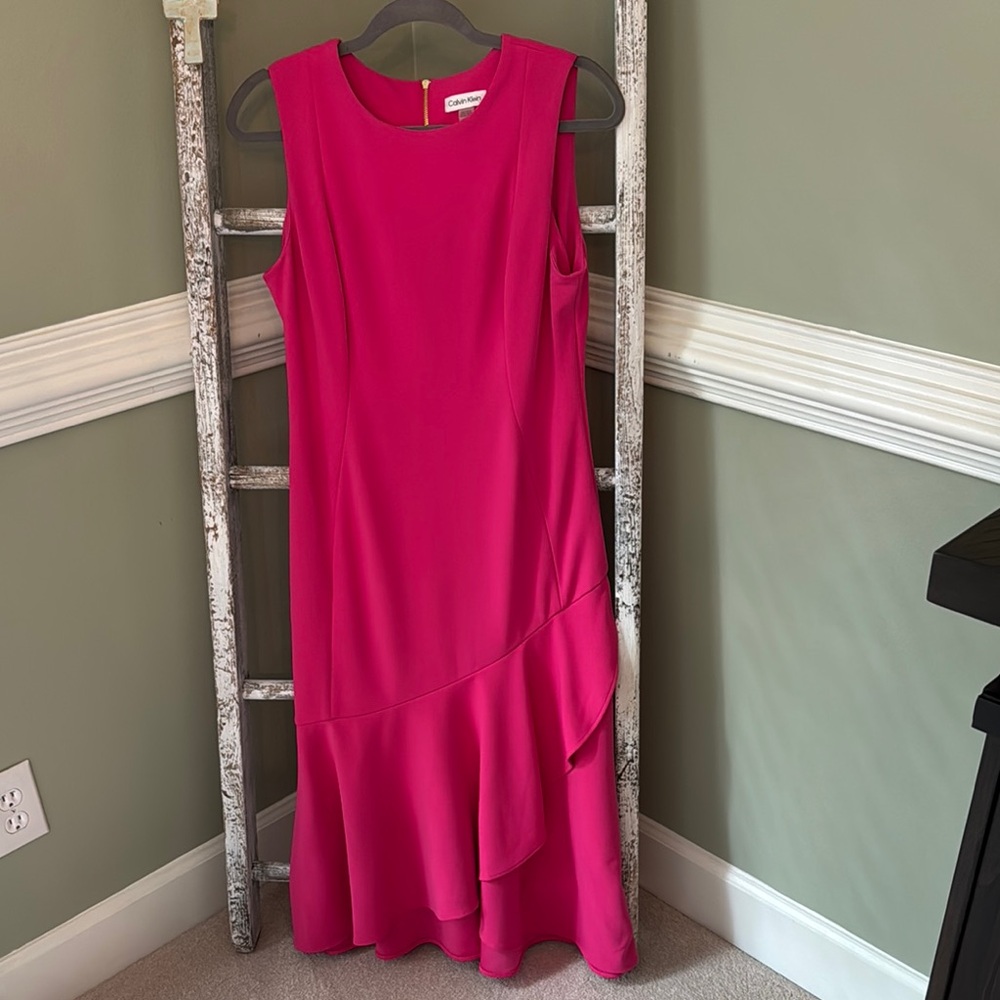 Calvin Klein Asymmetrical Pink Ruffled Sheath Dress